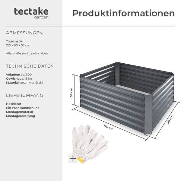 Hochbeet aus verzinktem Stahl mit Abmessungen und Lieferumfang inklusive Handschuhe