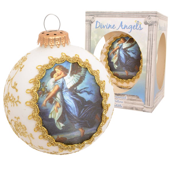 Weiß glanz 8cm Seidenbildkugel mit Engel und Engelskind fliegend, 1 Stck., Weihnachtsbaumkugeln, Christbaumschmuck, Weihnachtsbaumanhänger
