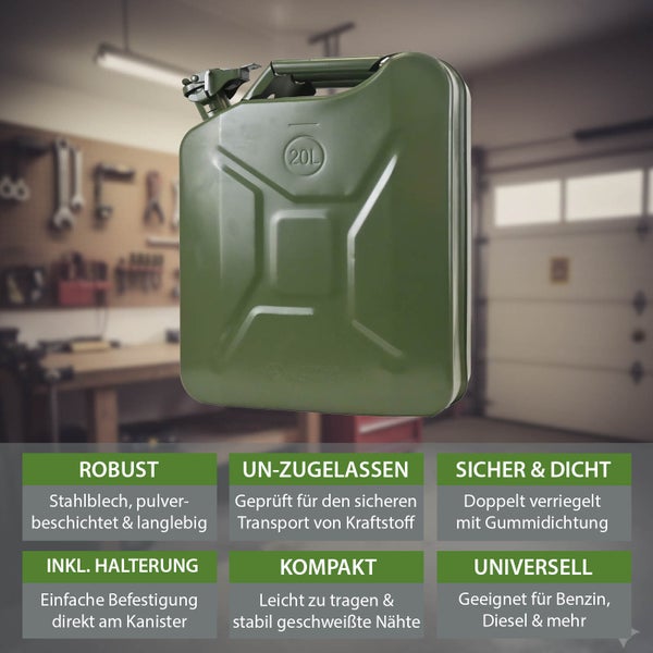 Grüner Kraftstoffkanister aus Stahlblech mit 20 Litern Fassungsvermögen