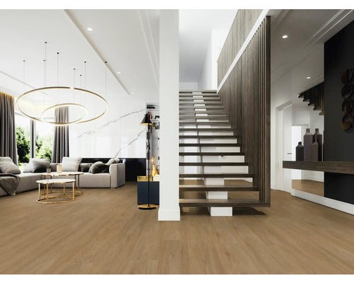 Wohnzimmer mit Treppe und Bodenbelag