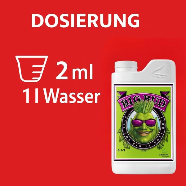 Dosierung für Advanced Nutrients Big Bud Flüssigdünger: zwei Milliliter pro ein Liter Wasser.