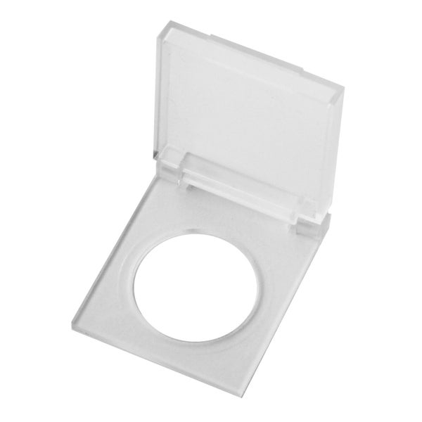 Klappdeckel aus transparentem Kunststoff für Schalter oder Steckdosen mit runder Aussparung.