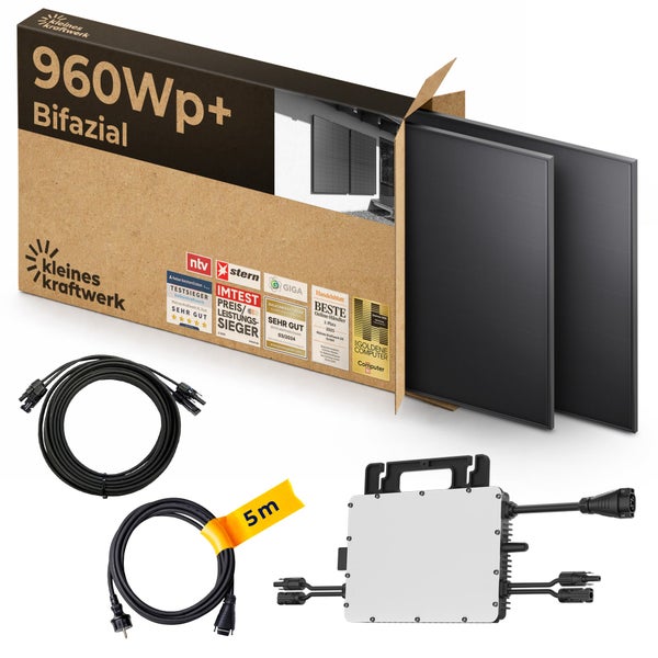 Kleines Kraftwerk Balkonkraftwerk Set 960 Watt-Peak mit zwei bifazialen Solarmodulen, Wechselrichter und 5 Meter langem Anschlusskabel.