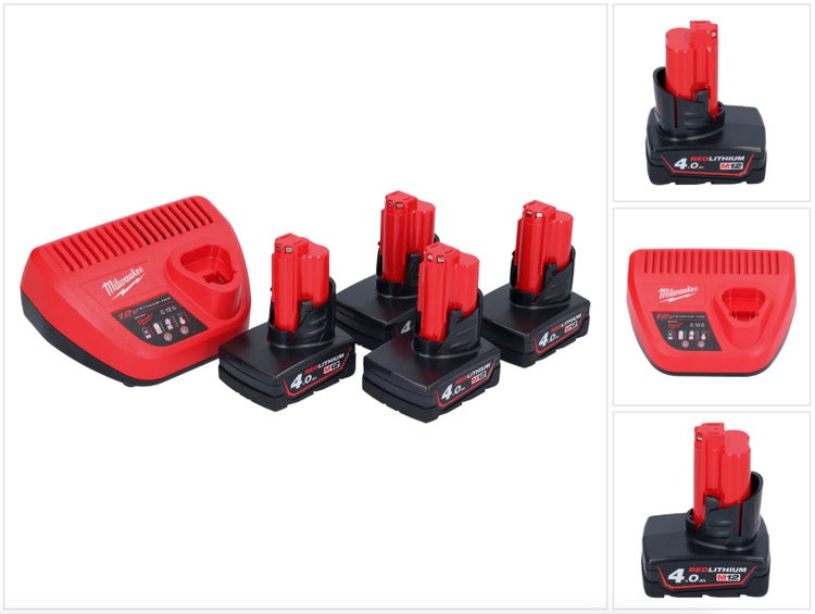 Milwaukee M12 Starter Set mit Schnellladegerät und vier 4.0 Amperestunden Lithium Ionen Akkus