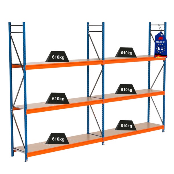 Lagerregal mit drei Ebenen und Traglastangabe 610 Kilogramm