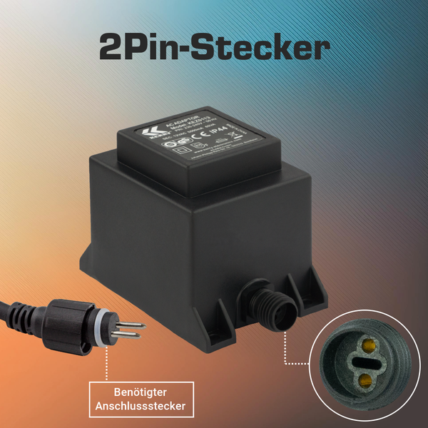 Schwarzer AC-Transformator mit 2-Pin-Steckanschluss und IP44 Schutzart für den Außenbereich.