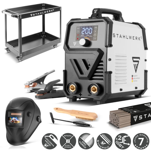 Stahlwerk Schweißgerät-Set ARC 200 Synergic Pro mit Schweißwagen, Automatikhelm, Elektroden, Drahtbürste, Schlackenhammer und sieben Jahre Garantie.