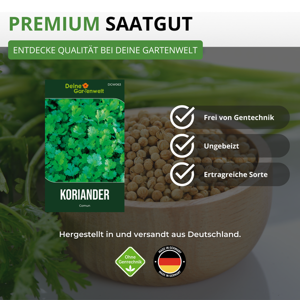Koriander-Saatgut Comun, Deine Gartenwelt Logo, frei von Gentechnik, ungebeizt, ertragreich, hergestellt in Deutschland.