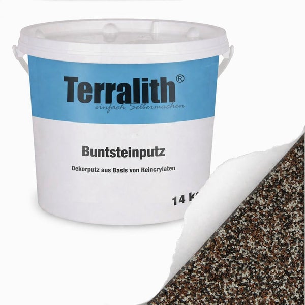 Terralith Buntsteinputz, 14 Kilogramm Eimer, Dekorputz auf Basis von Reinacrylaten mit feiner Steinstruktur.