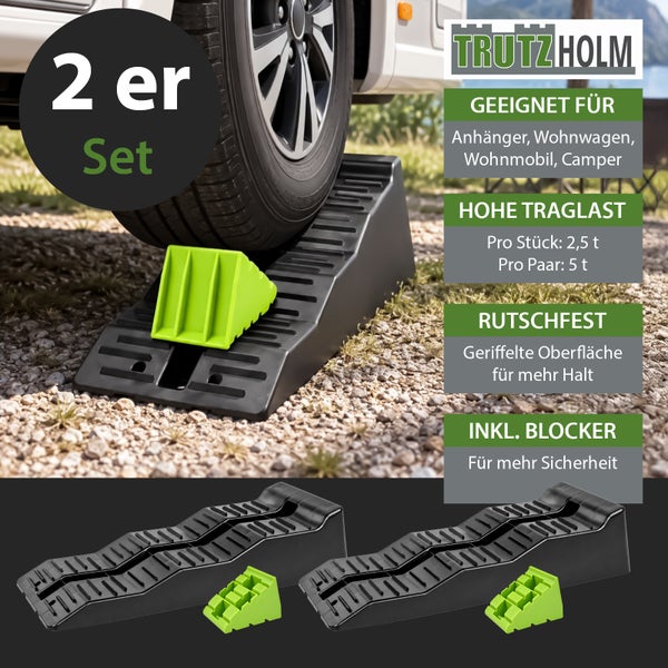Trutzholm Auffahrkeile 2er Set mit Unterlegkeilen für Wohnwagen und Wohnmobile, rutschfeste Oberfläche, Traglast bis 5 Tonnen pro Paar.