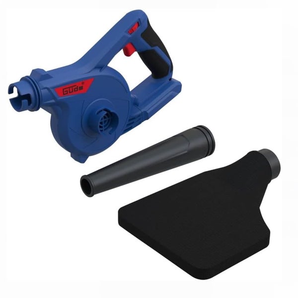 Güde Akkumulator-Laubbläser in Blau mit schwarzem Blasrohr und schwarzem Auffangsack. Güde Logo.