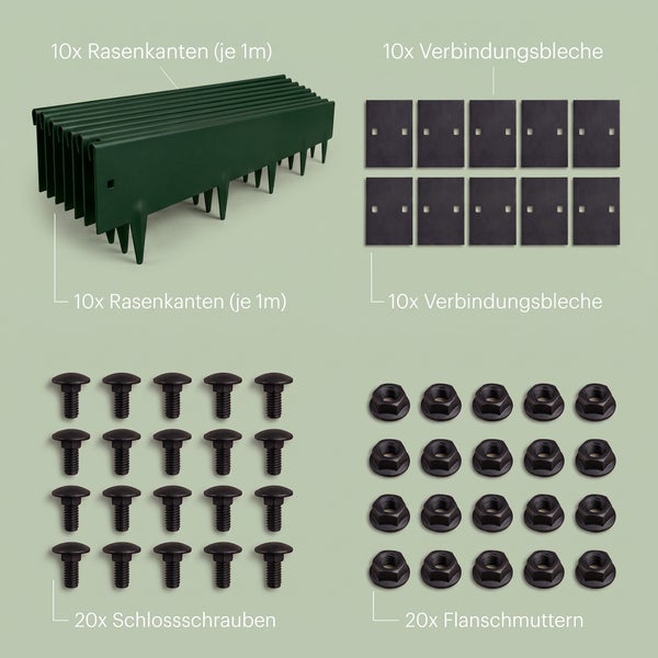Set aus 10 Rasenkanten je 1 Meter, 10 Verbindungsblechen, 20 Schlossschrauben und 20 Flanschmuttern zur Gartenbegrenzung.