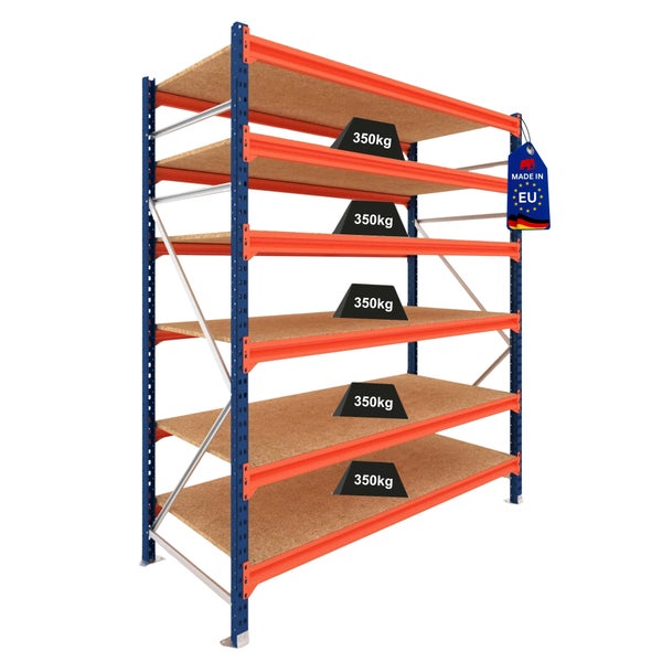 Schwerlastregal mit fünf Ebenen, 350 Kilogramm Traglast pro Boden, blaues und oranges Metallgestell mit Holzböden, Hergestellt in der EU.