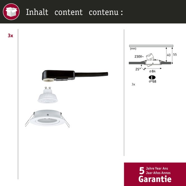 Dreierpack Einbaustrahler inklusive LED Leuchtmittel, Rahmen und Anschlusskabel mit technischer Zeichnung der Maße und 5 Jahre Garantie.