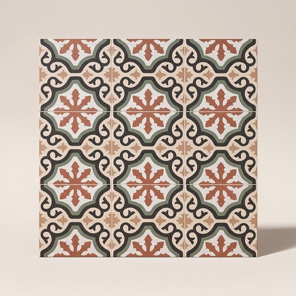 Quadratische Wandfliese oder Bodenfliese mit ornamentalem floralen Muster im mediterranen Stil für Innenbereiche