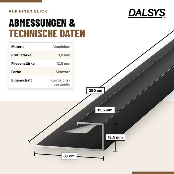 Technische Zeichnung eines Dalsys Fliesenprofils aus Aluminium mit Angaben zu Abmessungen, Profilstärke, Fliesenstärke und Materialeigenschaften.