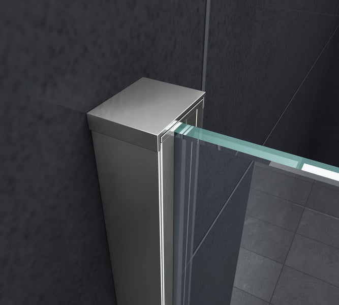 Detailaufnahme einer Duschkabine mit Metallrahmen und Glaswand