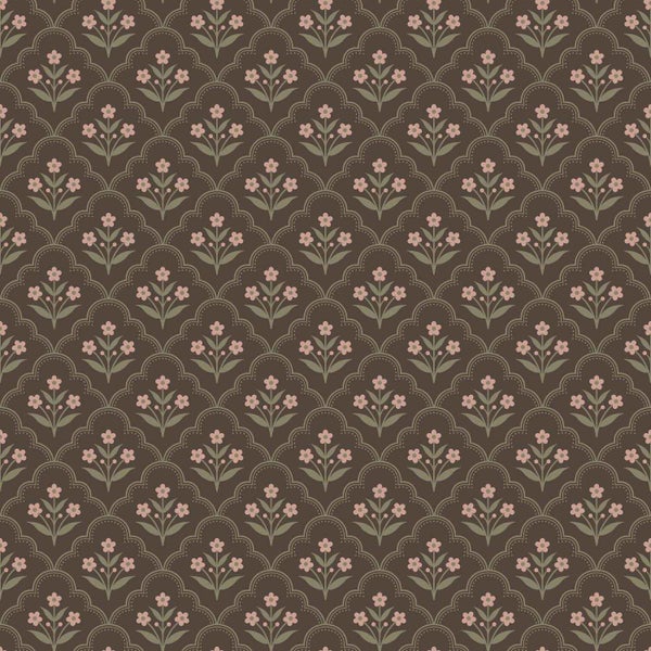 Tapete mit floralem Vintage-Muster, Blumen in geschwungenen Ornamentrahmen, klassisches Design.