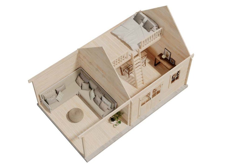 Alpholz Schwedenhaus 44 ISO mit Anbau Blockhaus aus Holz, Holzhaus mit 44 mm Wandstärke inklusive Schlafboden inklusive Schleppdach, Blockbohlenhaus mit Montagematerial, Naturbelassen 7x4,2m