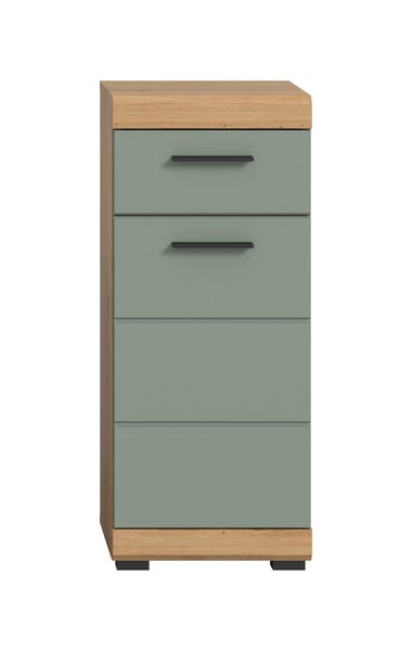 Badezimmer-Unterschrank in Eichenoptik mit vier salbeigrünen Fronten und zwei schwarzen Griffen.