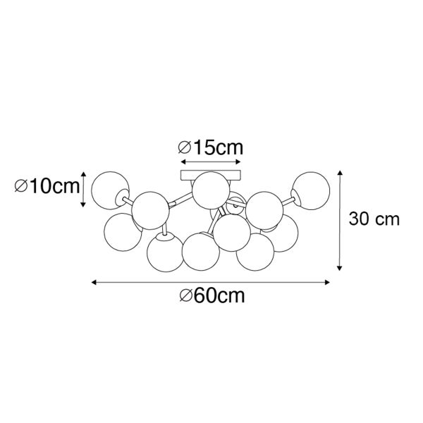 Technische Zeichnung einer Deckenleuchte mit den Maßen: Durchmesser der Kugeln zehn Zentimeter, Durchmesser der Deckenbefestigung fünfzehn Zentimeter, Breite sechzig Zentimeter, Höhe dreißig Zentimeter.