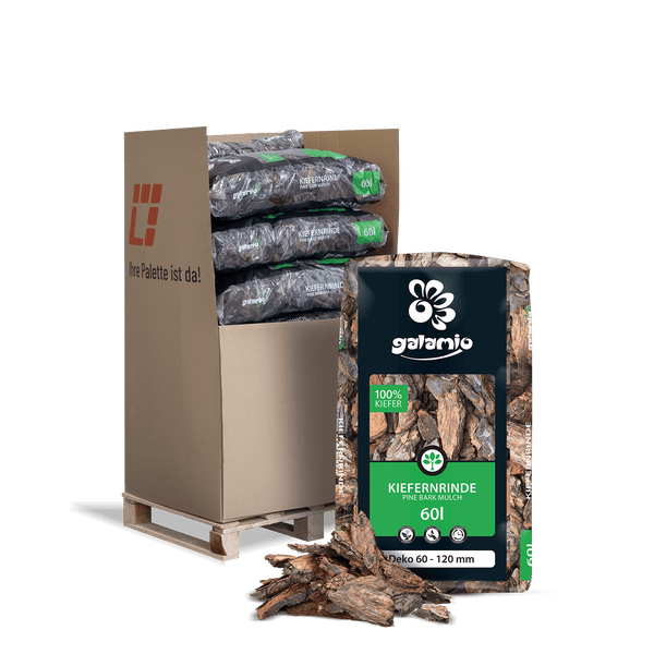 Galamio Kiefernrinde 60 Liter, Körnung 60 bis 120 Millimeter, dekorativer Rindenmulch im Sack und auf Palette für den Garten.
