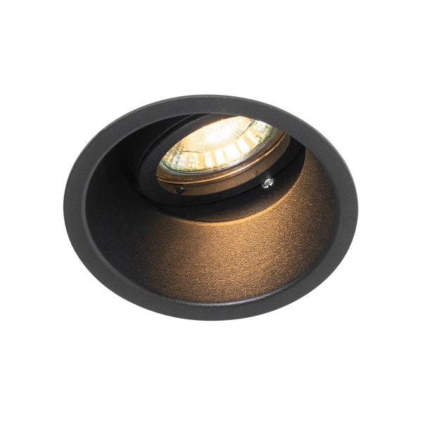 Runder LED Einbaustrahler in dunkler Optik mit schwenkbarem Leuchtkopf für die Deckenbeleuchtung.