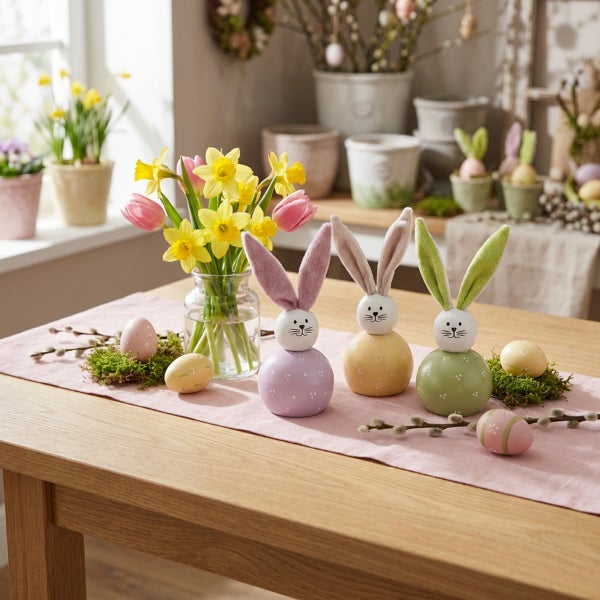 Osterdekoration mit drei Osterhasen Figuren aus Holz, Ostereiern und Frühlingsblumen auf einem Holztisch mit Tischläufer.