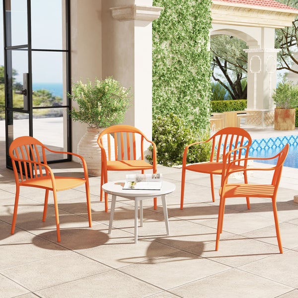 Outsunny Gartenstuhl 4er Set wetterfest Gartenstühle aus Kunststoff Stapelstuhl mit Armlehne Rückenlehne stapelbar Terrassenstuhl bis 120 kg belastbar Gartenmöbel für Hinterhof, Garten, Balkon Rot