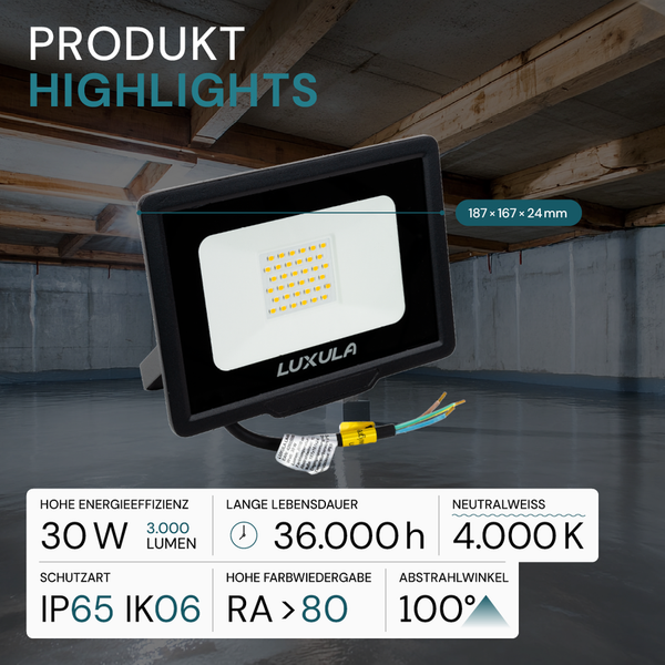 Luxula LED-Strahler mit 30 Watt, 3000 Lumen, Schutzart IP65 und IK06