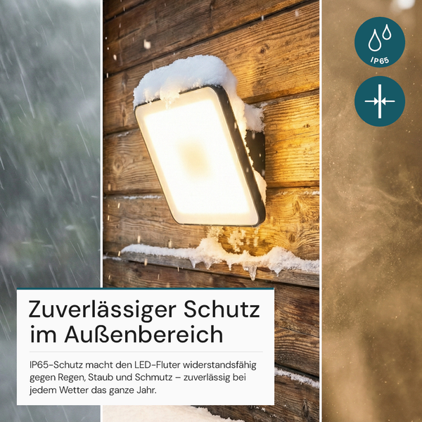 LED-Außenstrahler an einer Holzwand mit Schnee, Schutzart IP65 Symbol, Installationsbereich Symbol