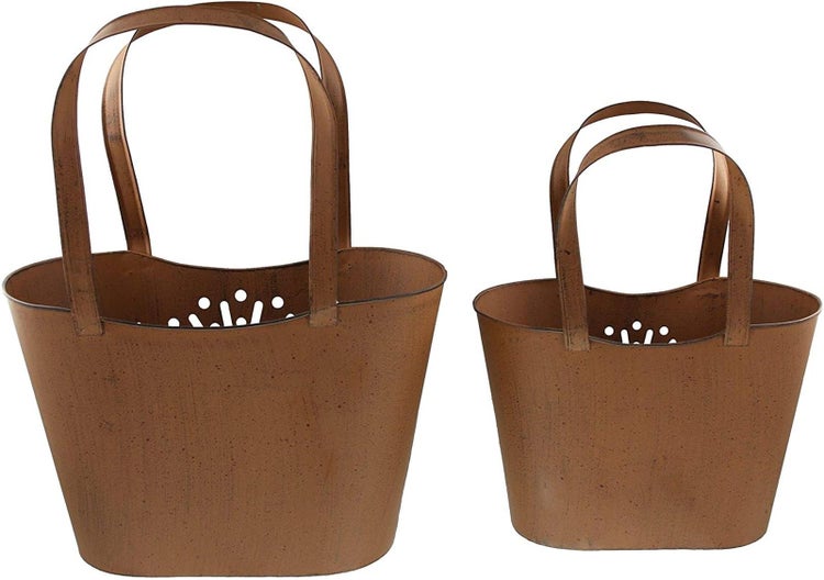 Dekoleidenschaft 2x Deko Tasche aus Metall in Rost Optik, Windlicht, Vase, Kerzenständer, Tischdeko, Gartendeko für Drinnen & Draußen