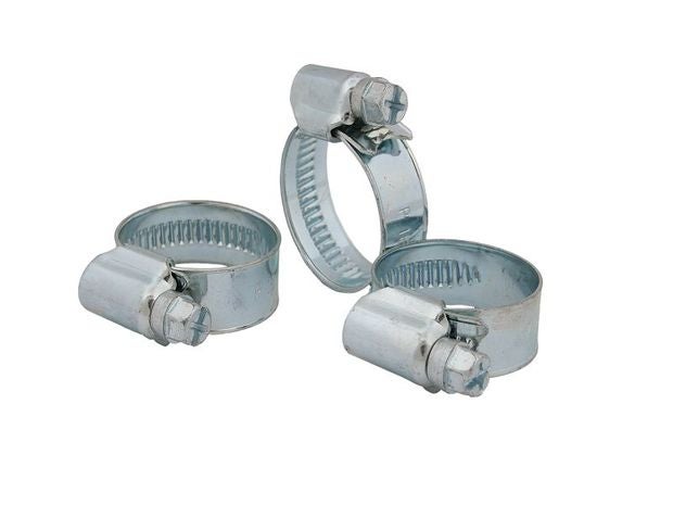 Drei verzinkte Schlauchschellen aus Metall mit Schneckenantrieb für die sichere Befestigung von Schläuchen.