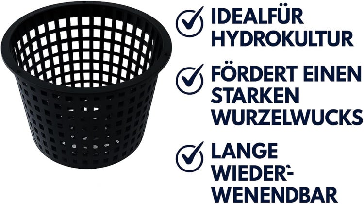 Schwarzer Gittertopf aus Kunststoff für Hydrokulturen, fördert starkes Wurzelwachstum und ist lange wiederverwendbar.