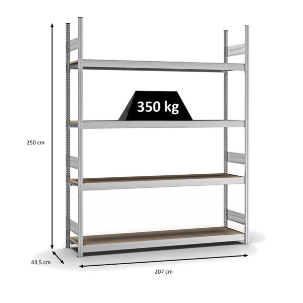 PROREGAL Weitspannregal Stecksystem T-Profil Grundregal HxBxT 250x200x40 cm 4 Ebenen Spanplatten Fachboden Fachlast 350 kg Verzinkt
