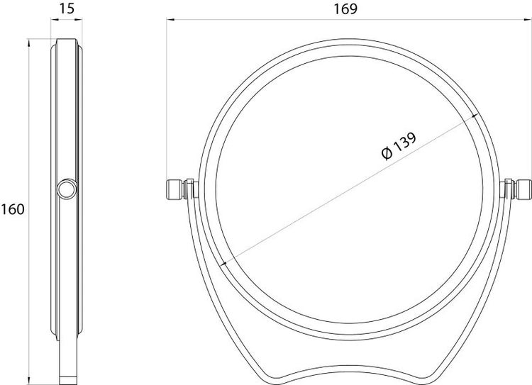 Technische Zeichnung eines runden Kosmetikspiegels mit den Maßen 160 x 169 Millimeter