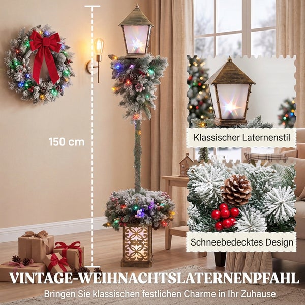 Dekorativer 150 Zentimeter hoher Weihnachts-Laternenpfahl mit Beleuchtung, verschneiten Tannenzweigen, Zapfen und Beerendekor für Innenräume.