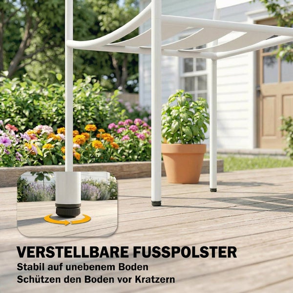 Verstellbare Fußpolster eines Gartenstuhls auf einer Holzterrasse. Die Füße bieten Stabilität auf unebenem Boden und schützen vor Kratzern.