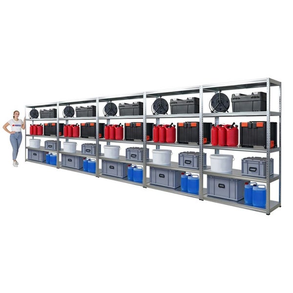 Detailansichten eines Schwerlastregals, die das Easy-Slide-Stecksystem, den robusten Kunststofffuß und die verzinkte Stahlkonstruktion zeigen