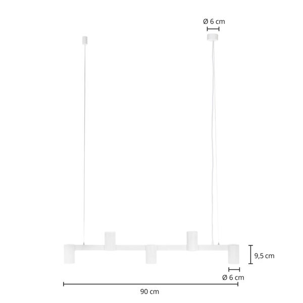 Abbildung einer weißen Pendelleuchte mit den Maßen 90 cm Länge und 9,5 cm Höhe