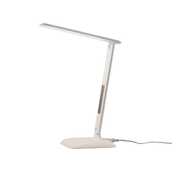 Weiße LED Schreibtischleuchte mit verstellbarem Arm, flachem Standfuß und digitaler Anzeige an der Säule.