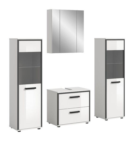 Badezimmermöbel-Set mit Spiegelschrank, Waschbeckenunterschrank und zwei Hochschränken mit Glaseinsatz in Weiß und Grau mit schwarzen Griffen.