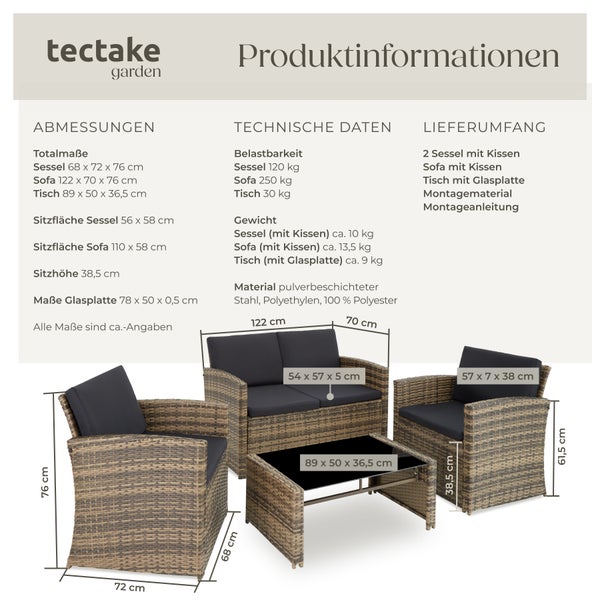 Rattan Lounge tectake Jesolo mit Sicherheitsglasplatte für 4 Personen natur/dunkelgrau