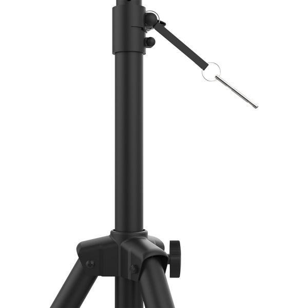 Stativ aus schwarzem Metall mit Höhenverstellung und Sicherungssplint.
