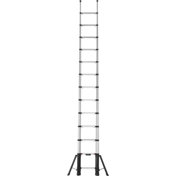 Teleskopleiter aus Aluminium mit Stabilisierungstraverse und mehreren Sprossen.