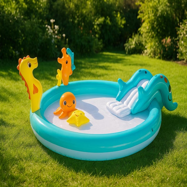 Aufblasbares Kinderplanschbecken mit Rutsche und aufblasbaren Meerestieren im Garten aufgestellt.