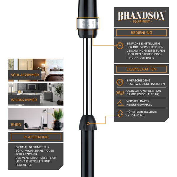 Brandson Standventilator 40cm, Ventilator Standfuß höhenverstellbar, hoher Luftdurchsatz, 3 Leistungsstufen, 80° Oszillation, Schwarz/Silber