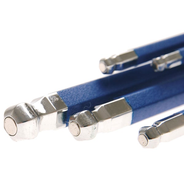 Blauer Winkelschlüsselsatz mit Kugelkopf, 9-teilig, im Kunststoffhalter, Größen 1,5 bis 10 Millimeter.