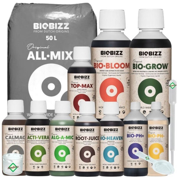 Biobizz Pflanzendünger-Set mit 50 Liter All-Mix Erde, verschiedenen organischen Flüssigdüngern wie Bio-Bloom und Bio-Grow sowie Dosierzubehör.