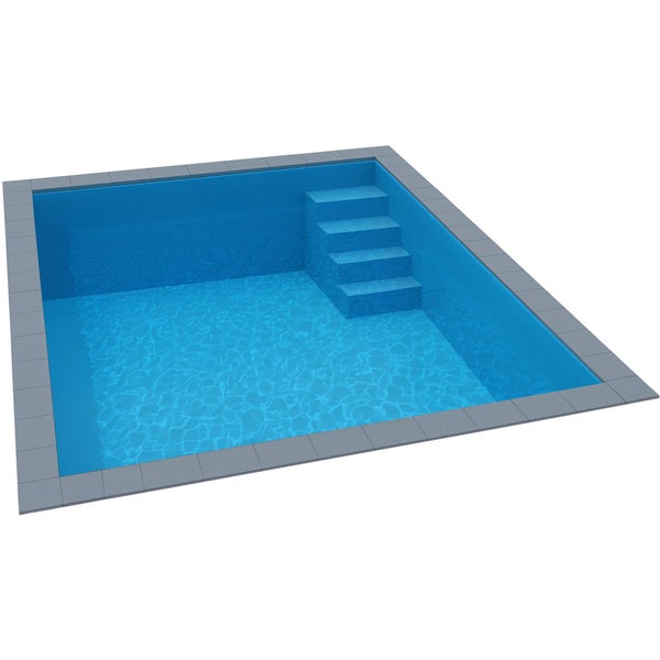 Quadratischer Swimmingpool mit integrierter Ecktreppe und grauem Fliesenrand.